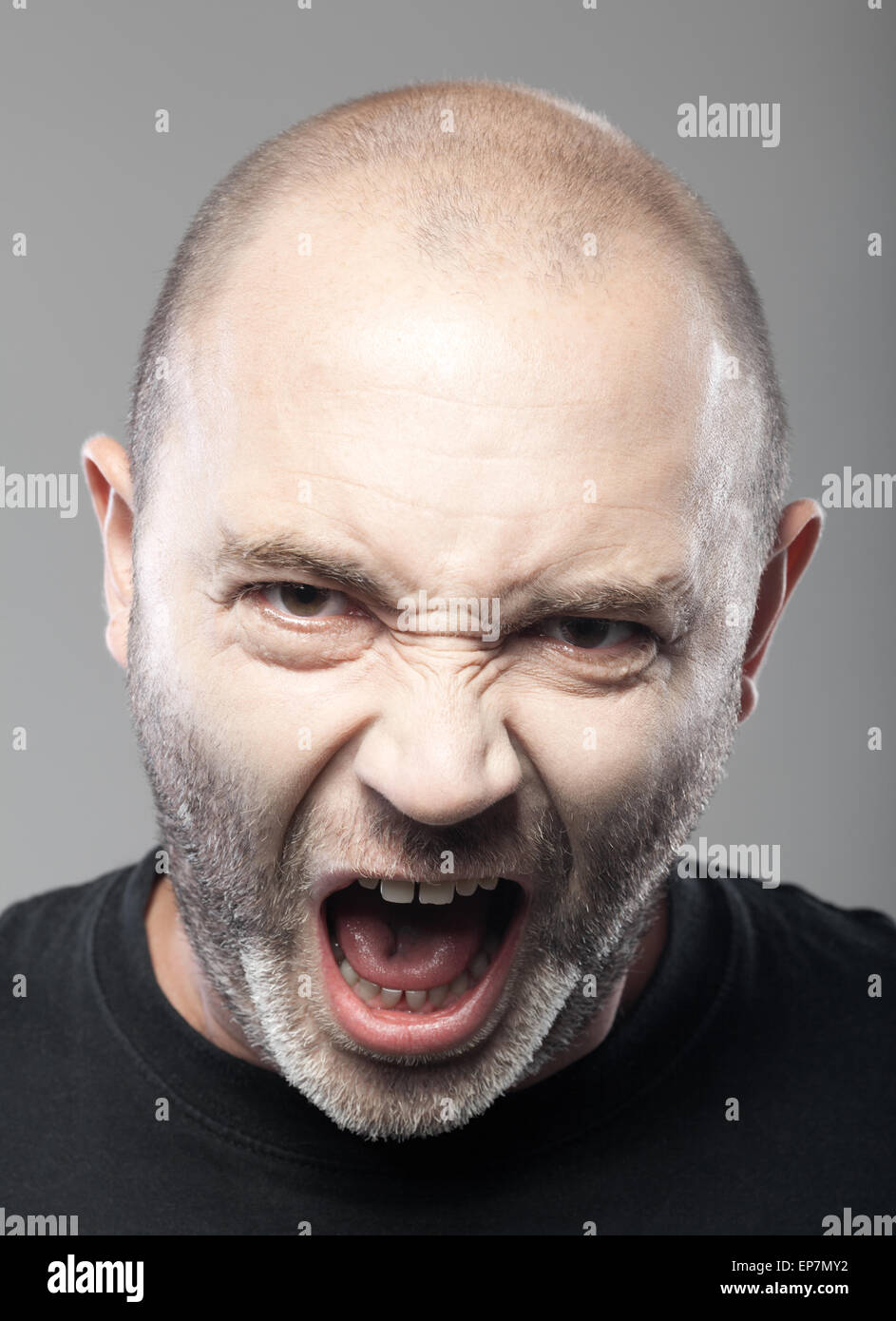 portrait of angry man sreaming isolated on gray Stock Photo