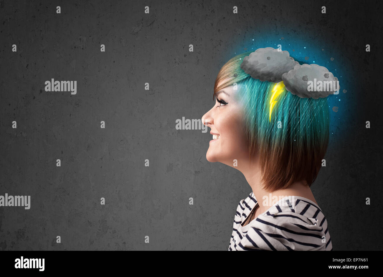 Young girl with thunderstorm lightning headache Stock Photo Alamy