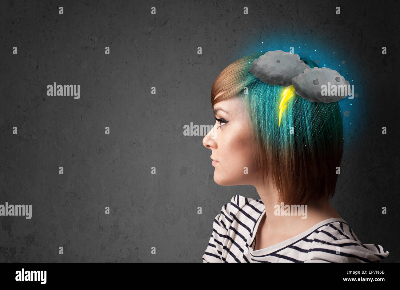 Young girl with thunderstorm lightning headache Stock Photo