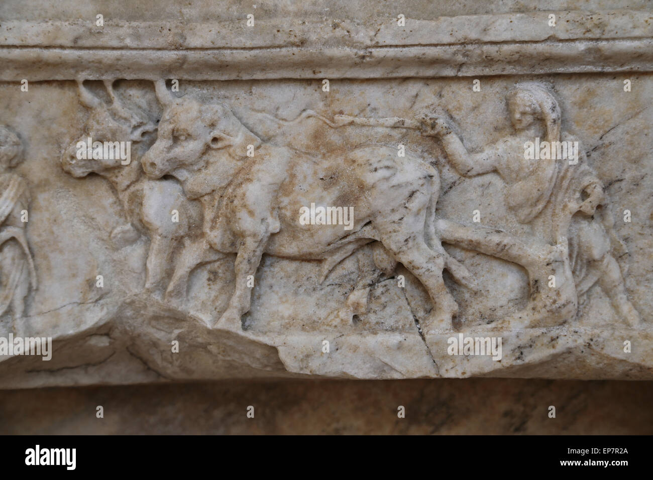 Upper frieze shows a portrayal of a city's foundation. Rome. Via Salaria. Antonine period. Rome. National Roman Museum. Baths of Stock Photo