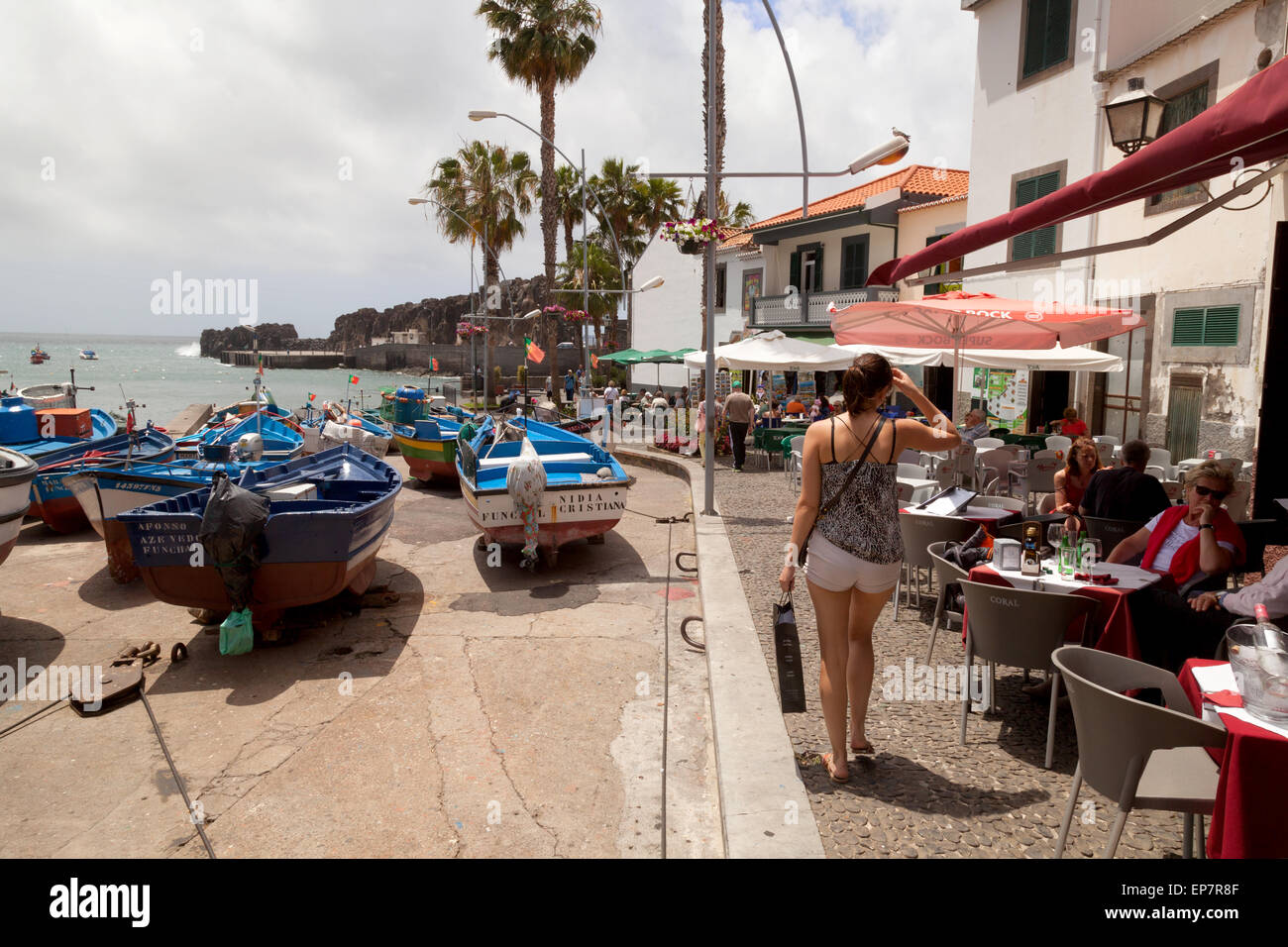 Tourists, restaurant and boats in the harbour, Camara de Lobos, Madeira,  Europe Stock Photo - Alamy