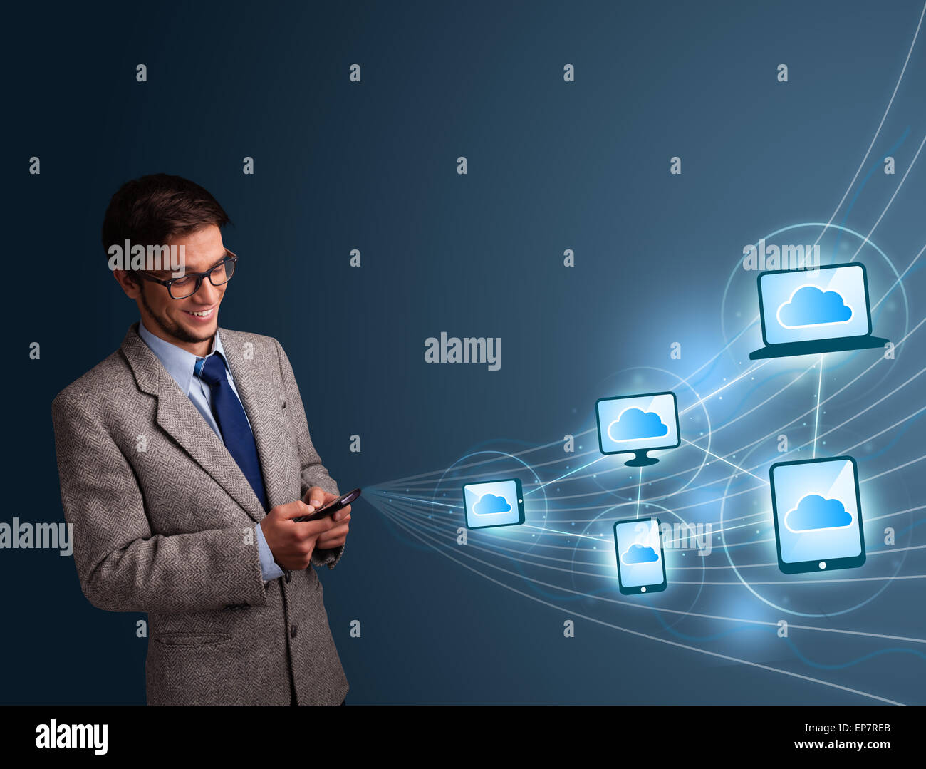 Handsome man typing on smartphone with cloud computing Stock Photo - Alamy