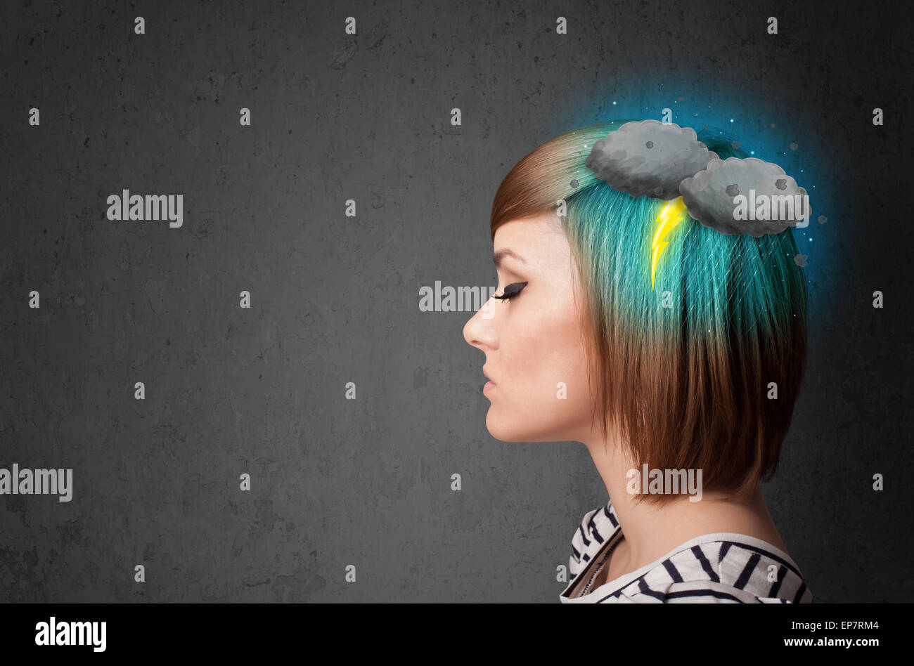 Young girl with thunderstorm lightning headache Stock Photo Alamy