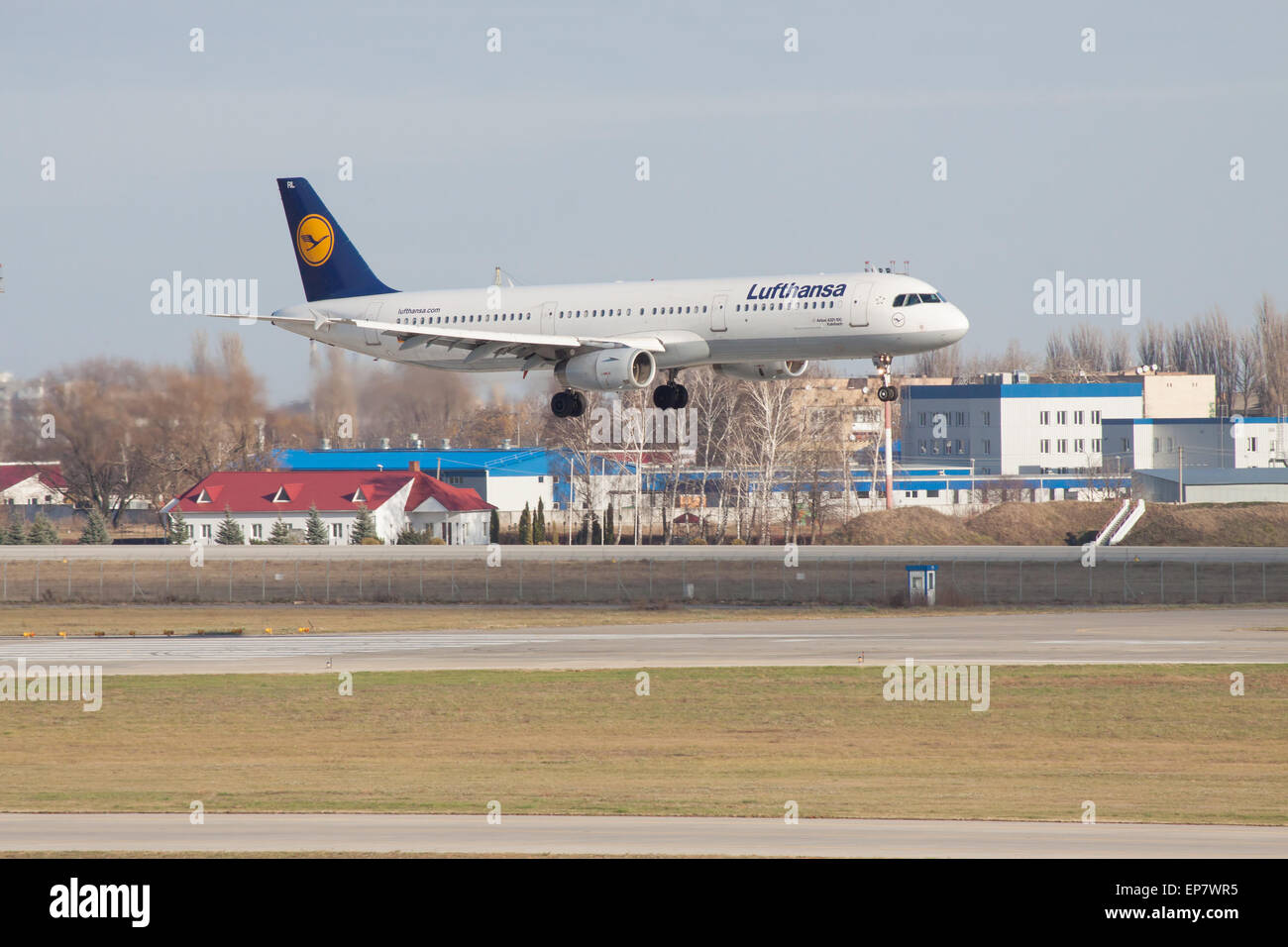 Boryspil, Ukraine - November 13, 2010: Lufthansa Airbus A321 on final approach landing on the runway Stock Photo