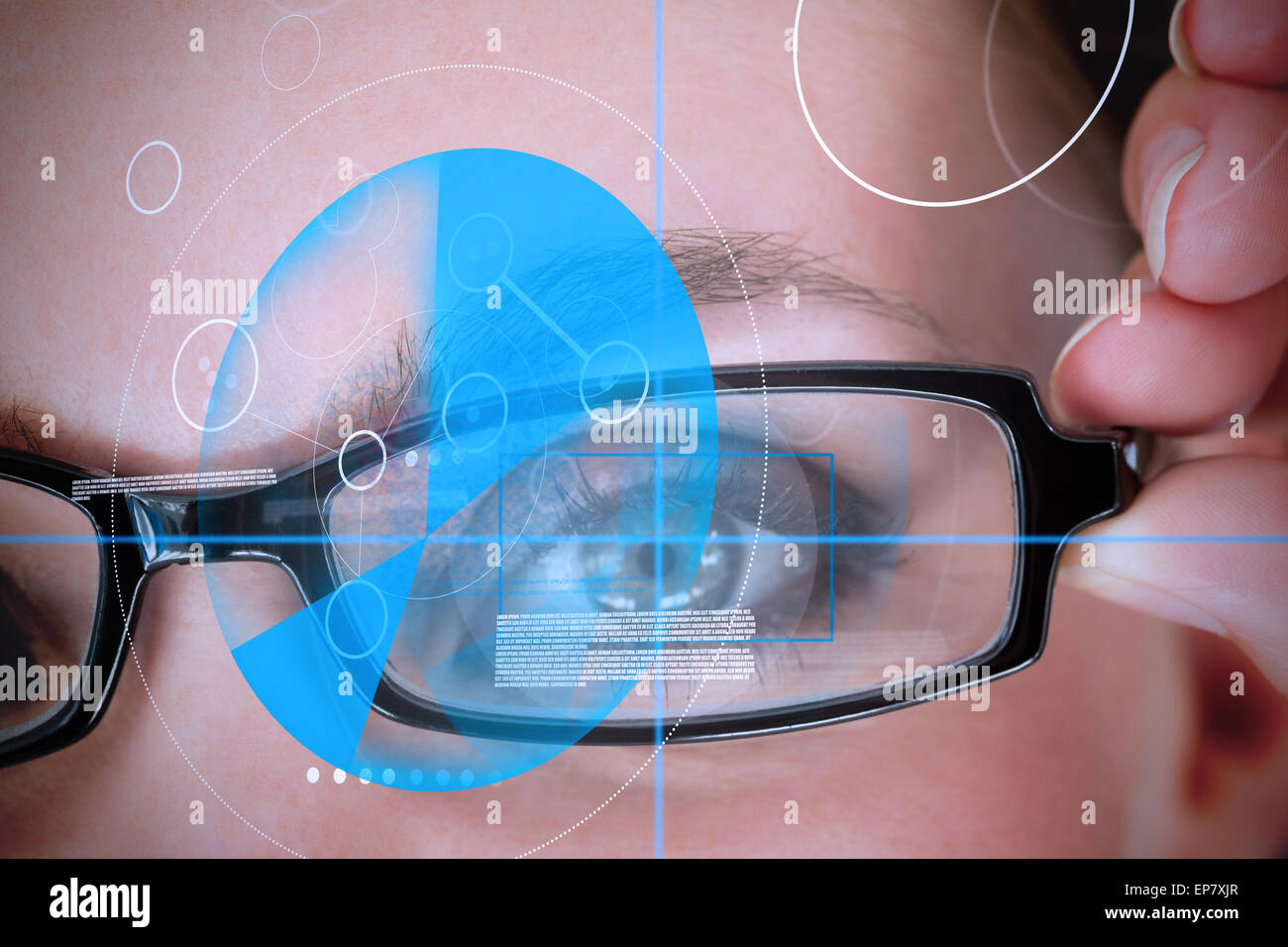 Woman wearing glasses with blue identification technology Stock Photo ...