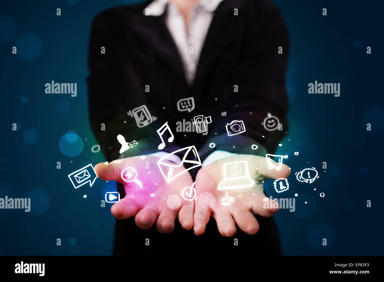 Young woman presenting colorful social media icons Stock Photo - Alamy