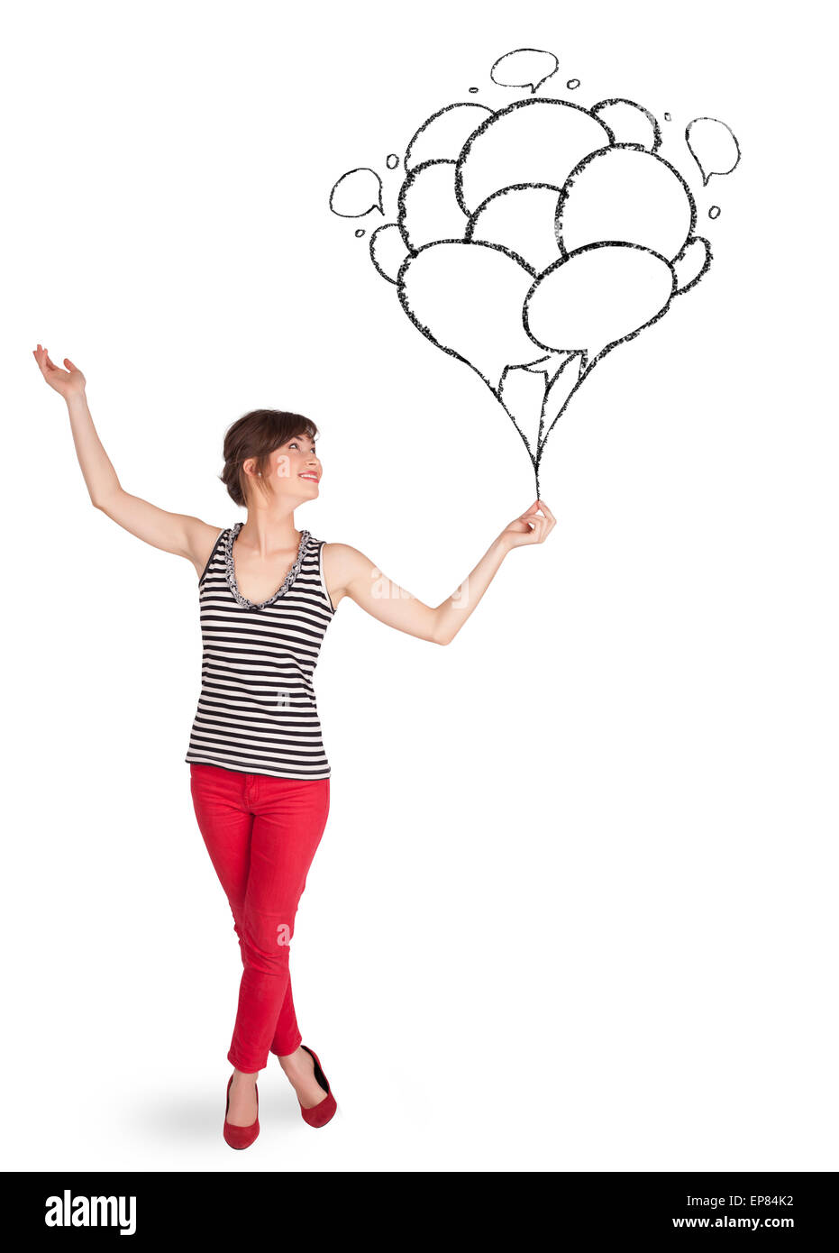 Happy woman holding balloons drawing Stock Photo Alamy