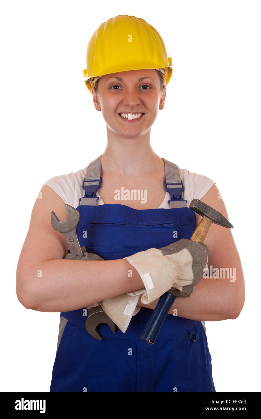 Junge Frau mit Hammer und Zange Stock Photo