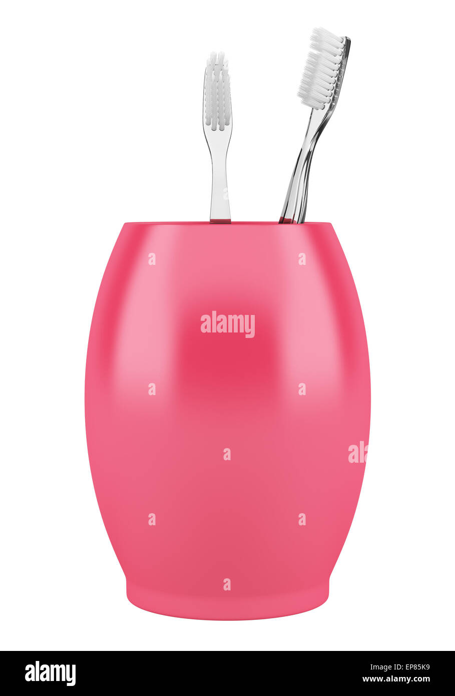 two toothbrushes in pink bowl isolated on white Stock Photo - Alamy