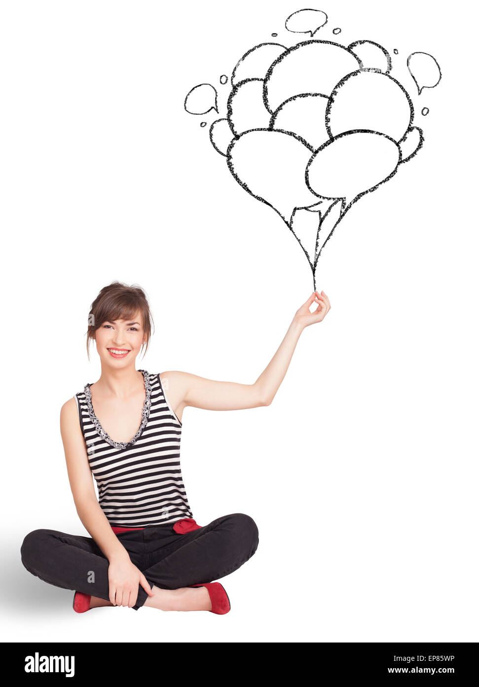 Happy woman holding balloons drawing Stock Photo Alamy