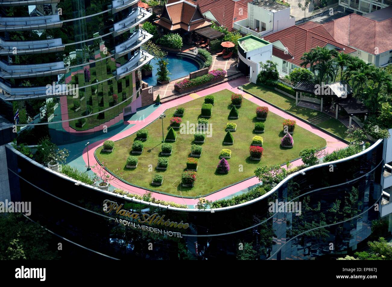 Bangkok, Thailand:  Topiary roof garden at the five-star Plaza Athenee Hotel on Wireless Road Stock Photo