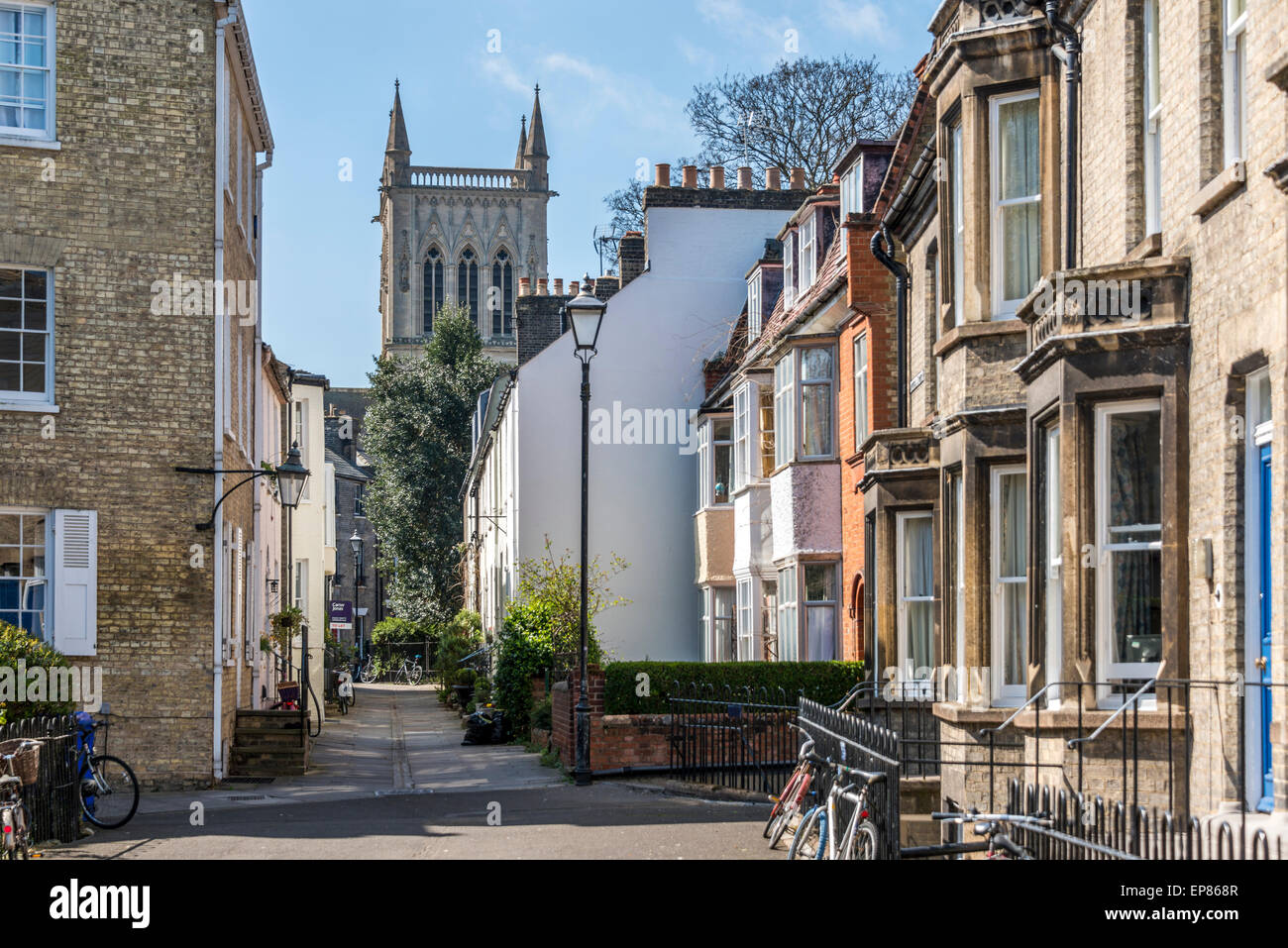 Views down Portugal Street to the tower of the chapel of St John's College of Cambridge University Stock Photo