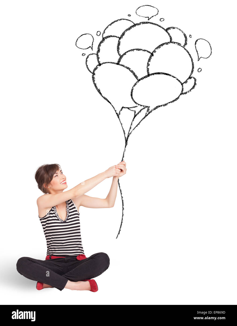 Happy woman holding balloons drawing Stock Photo Alamy