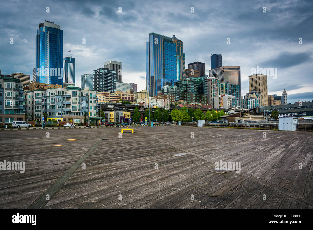 View of buildings in downtown Seattle from Piers 62 and 63, on the waterfront, in Seattle, Washington. Stock Photo
