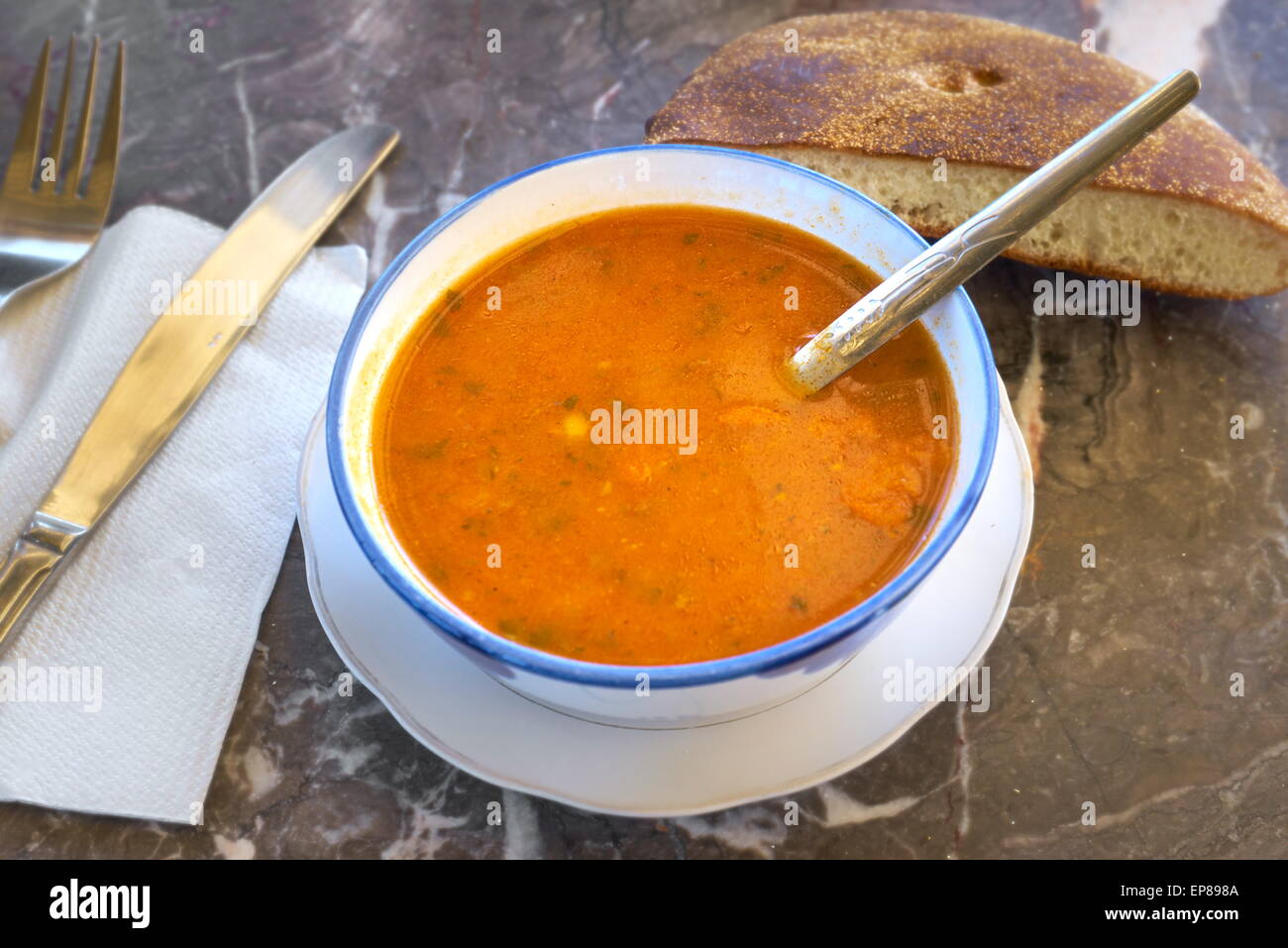 Traditional moroccan soup - harira. It is served for lunch during Ramadan. Morocco Stock Photo