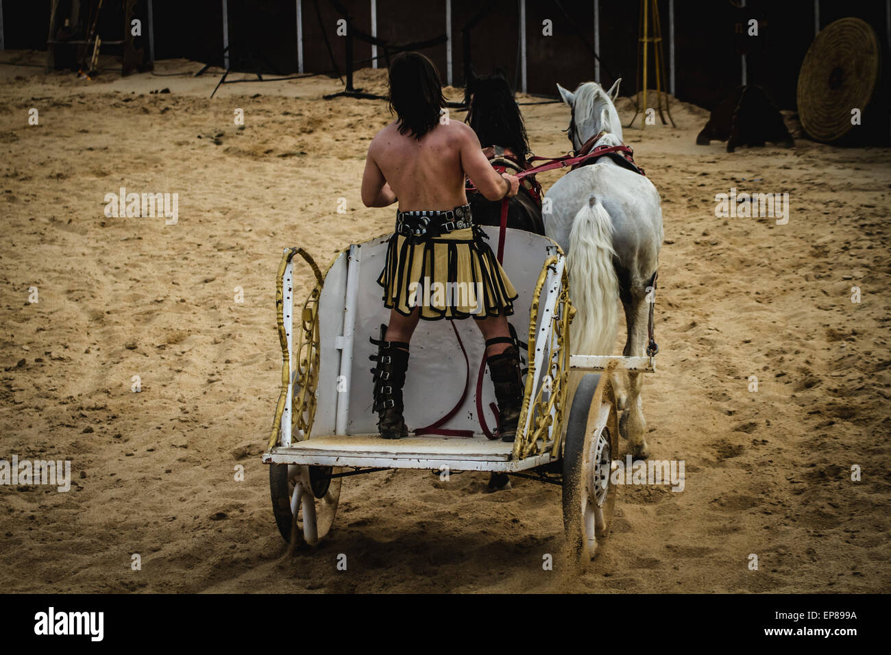 Leading, chariot race in a Roman circus, gladiators and slaves fighting ...