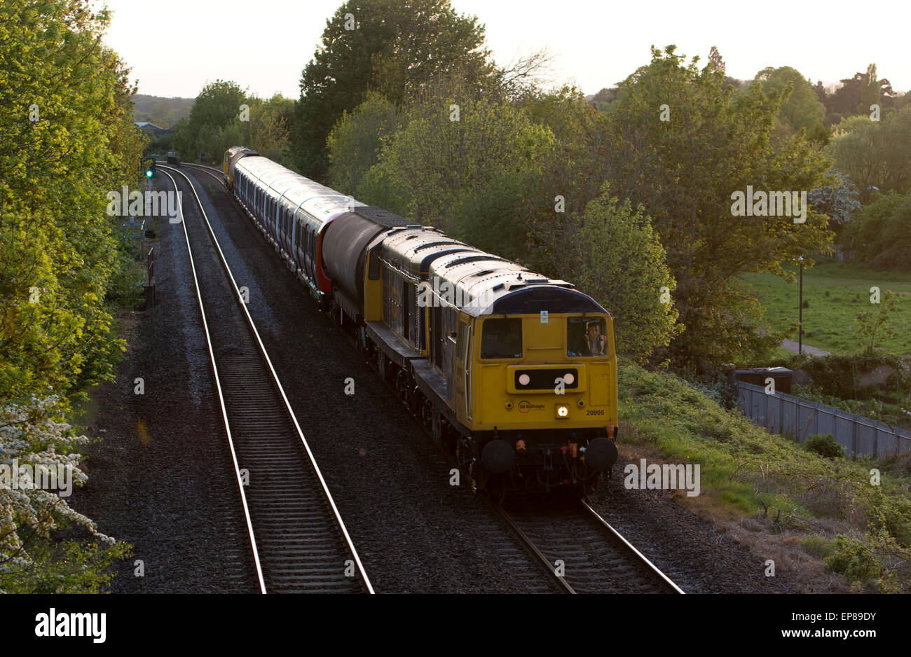 London Underground train being transported, Warwick, UK Stock Photo