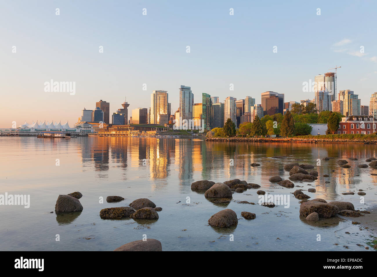 Vancouver British Columbia Canada City Skyline by the Harbor View from Stanley Park along False Creek at Sunrise Stock Photo