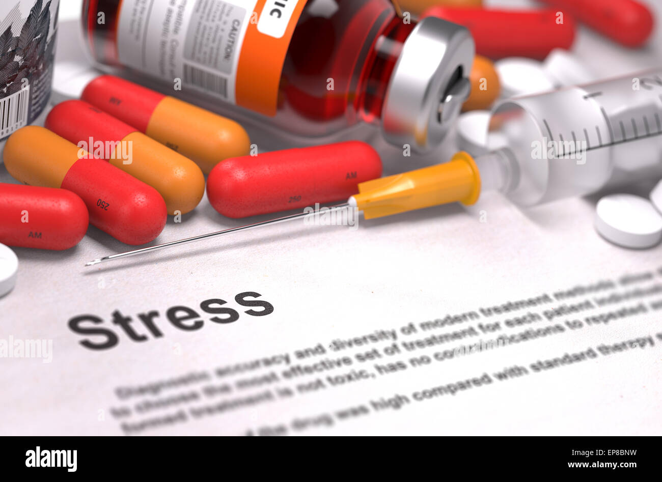 Stress - Printed Diagnosis with Blurred Text. On Background of Medicaments Composition - Red Pills, Injections and Syringe. Stock Photo