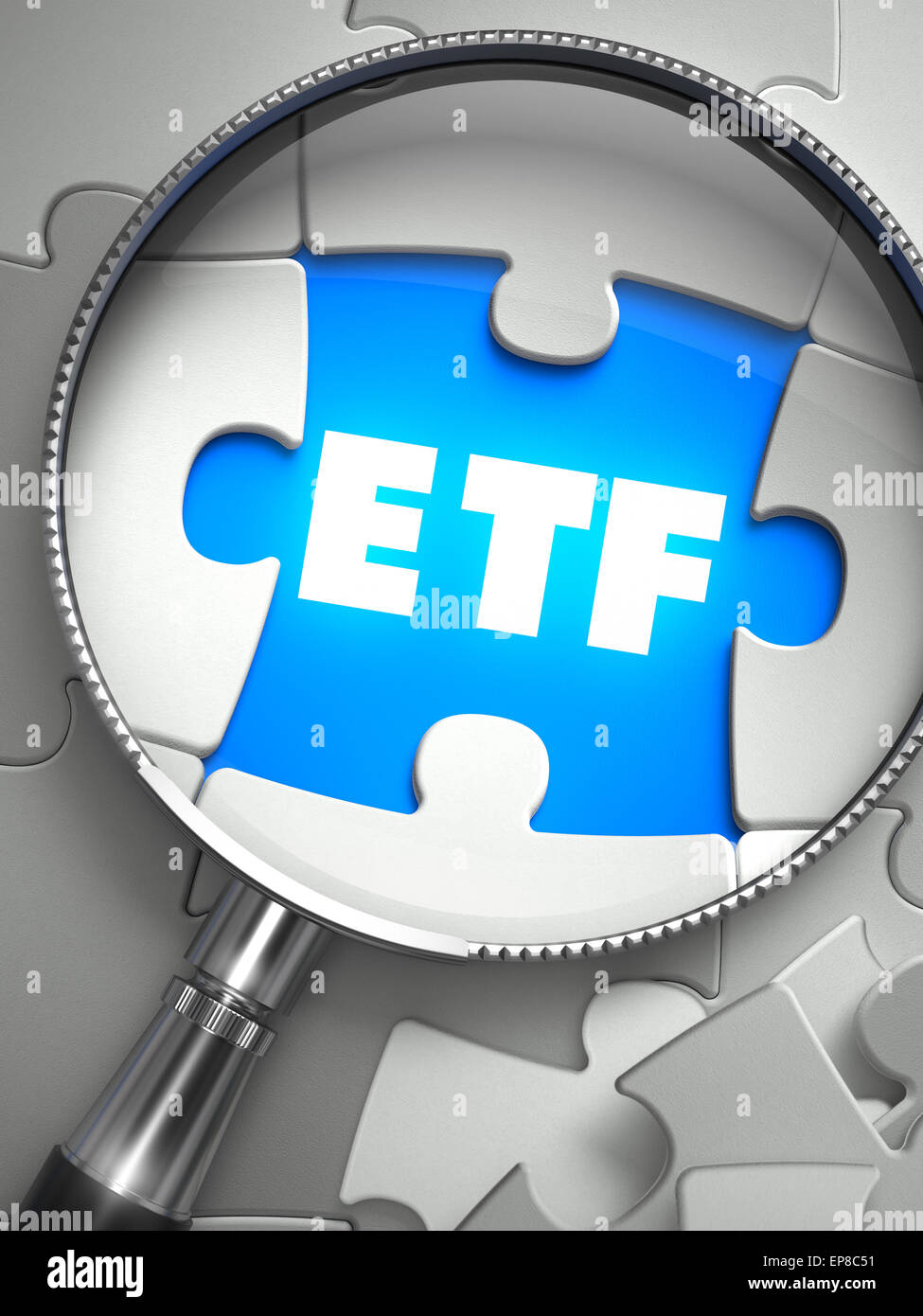 ETF - Exchange Traded Fund - Word on the Place of Missing Puzzle Piece through Magnifier. Selective Focus. Stock Photo