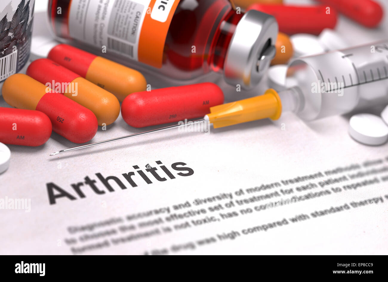 Diagnosis - Arthritis. Medical Report with Composition of Medicaments - Red Pills, Injections and Syringe. Selective Focus. Stock Photo
