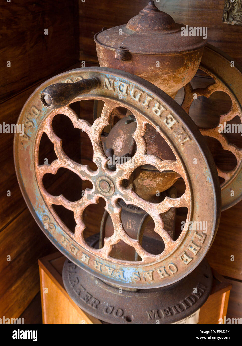 Old Antique Parker Coffee mill. Antique and rusted cast iron Charles Parker  Co. Coffee Mill on display at the Parker Ranch Stock Photo - Alamy