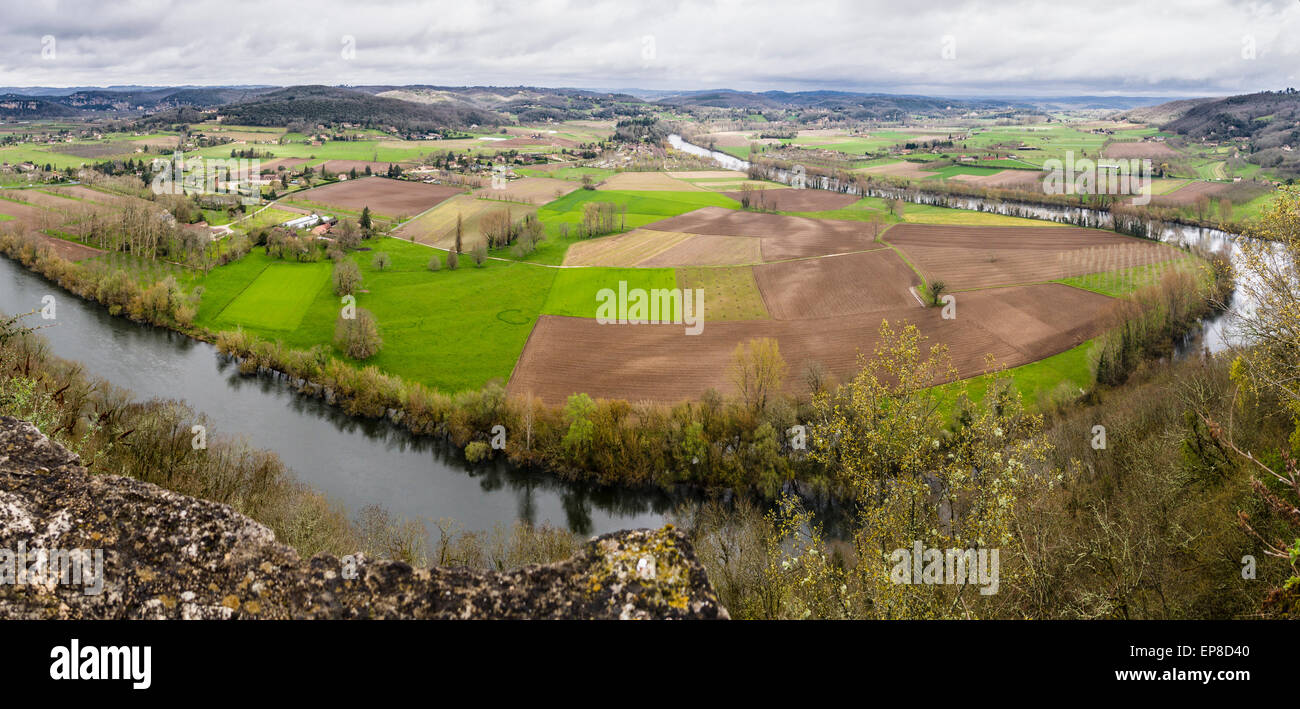 A loop in the River Lot: Countryside around Domme. A high resolution view from the village of Domme, high above the Dordogne Stock Photo