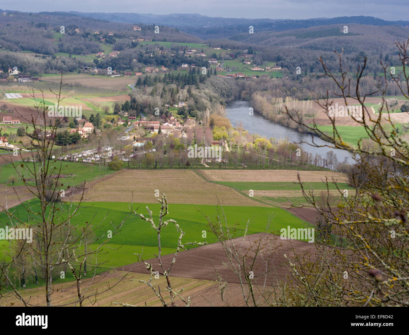 Lot River and Countryside around Domme. The view from the village of Domme, high above the Lot river. Stock Photo