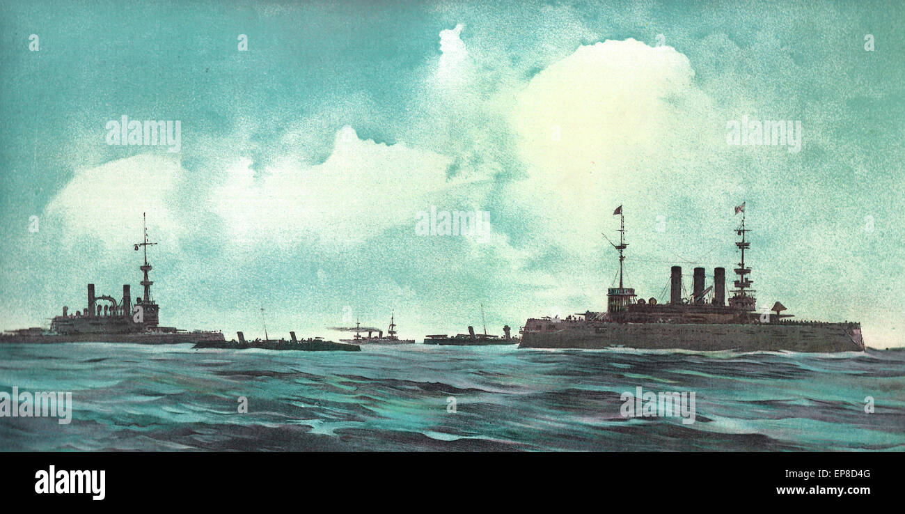 The USS Indiana and USS New York flanked and guarded by torpedo boats and cruisers during the Spanish American War Stock Photo
