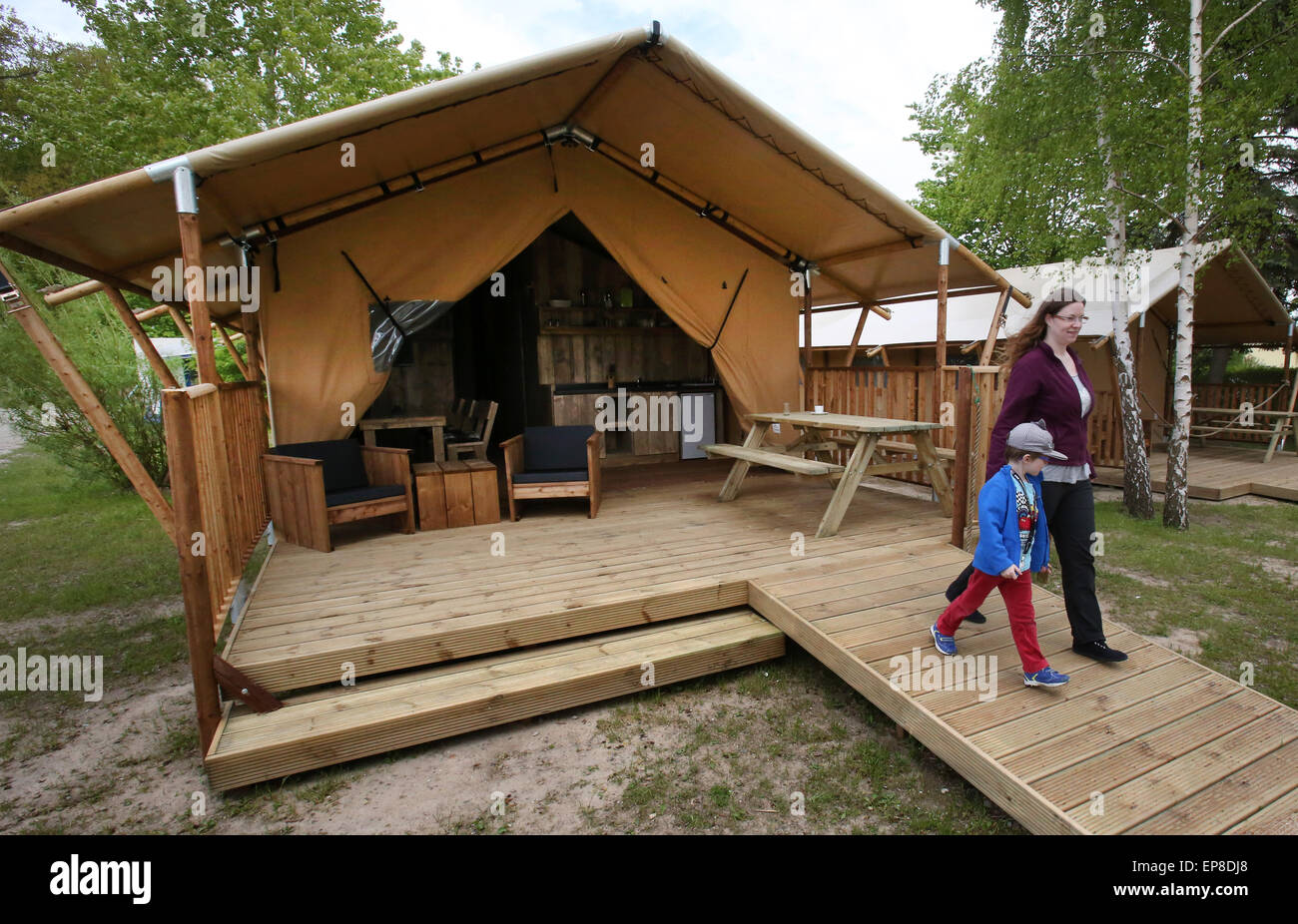 Rerik, Germany. 13th May, 2015. Guests look at a 'Glamping' tent at the