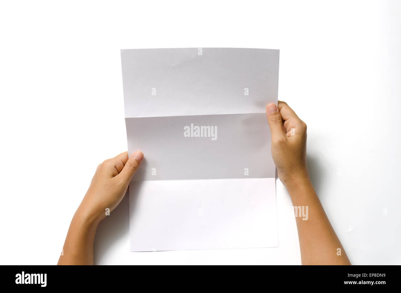 woman two hands holding blank paper a4 size on a white background Stock ...