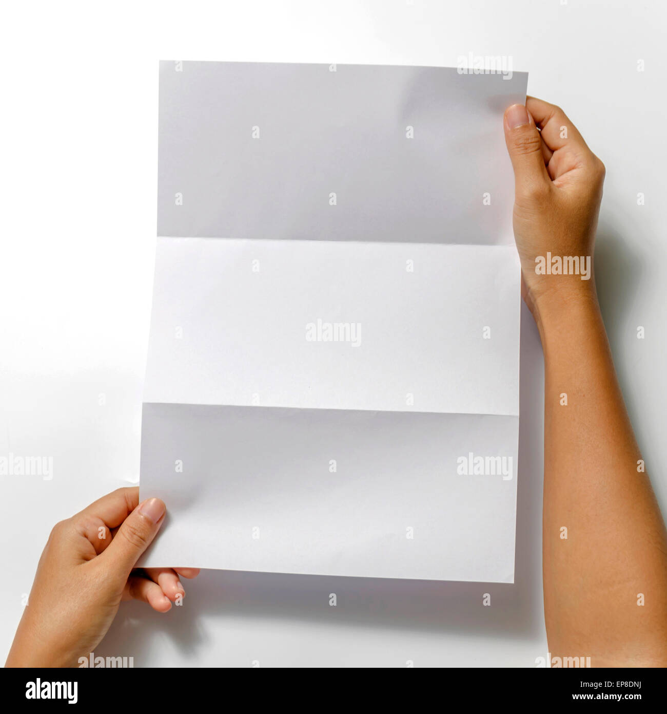 woman two hands holding blank paper a4 size on a white background Stock ...