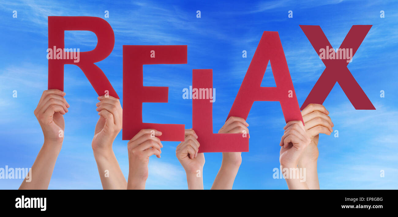 Many People Hands Holding Red Word Relax Blue Sky Stock Photo - Alamy