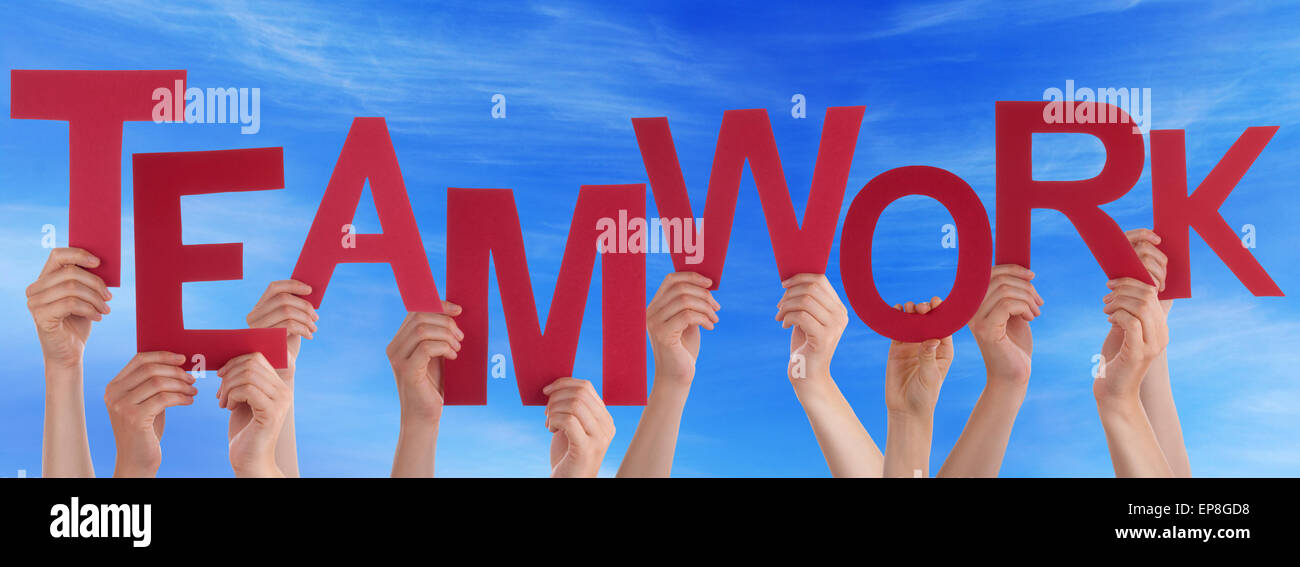 Many People Hands Hold Red Word Teamwork Blue Sky Stock Photo - Alamy