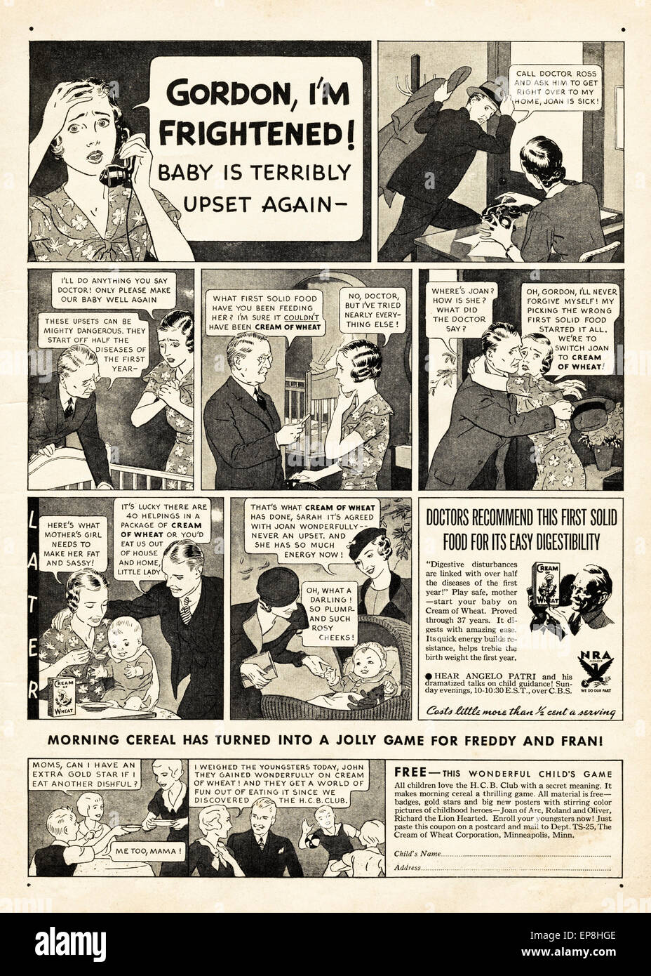Vintage advert in 1930s American magazine dated November 1933 for CREAM OF WHEAT cartoon story board format Stock Photo