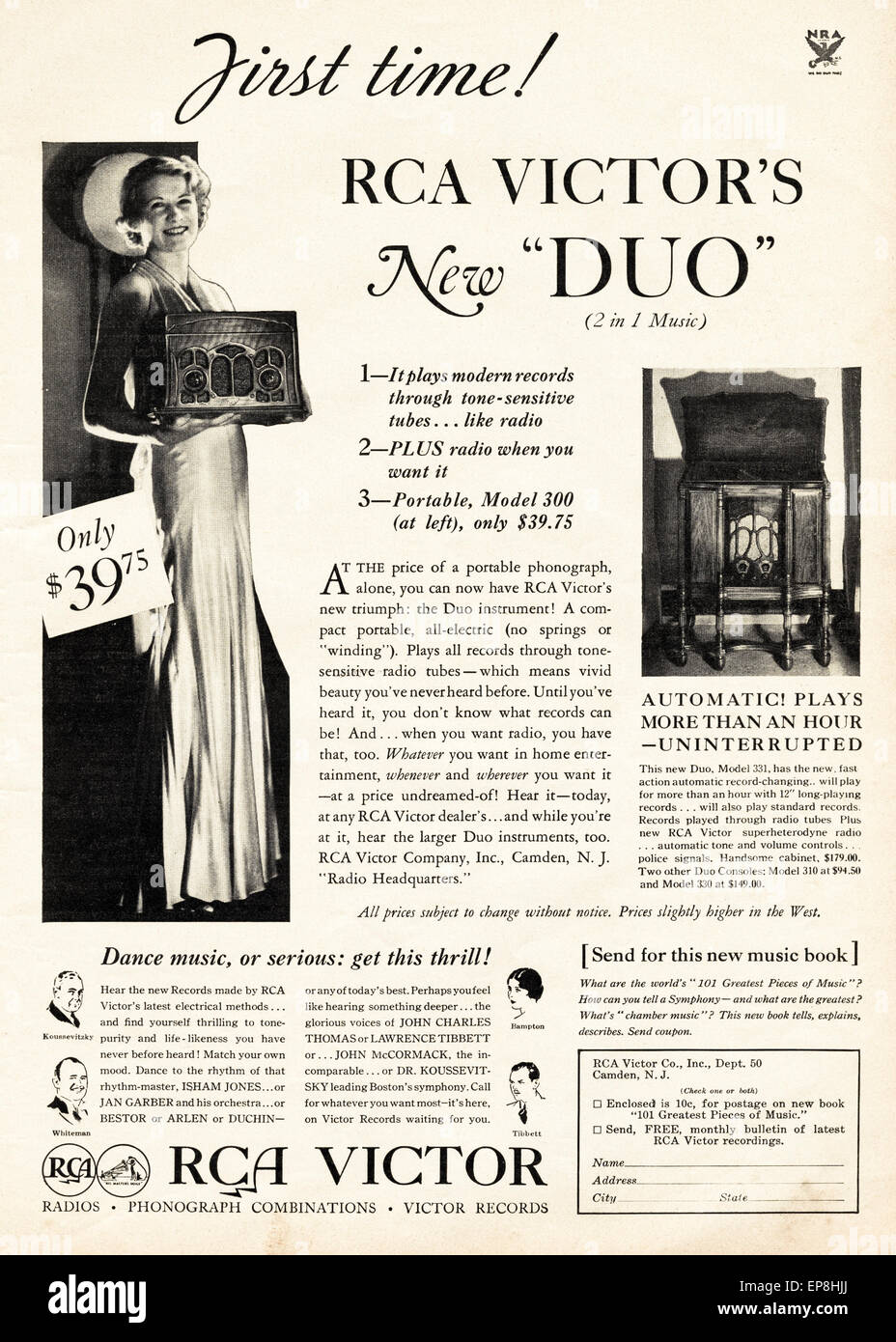 Vintage advert in 1930s American magazine dated November 1933 for RCA VICTOR radio Stock Photo