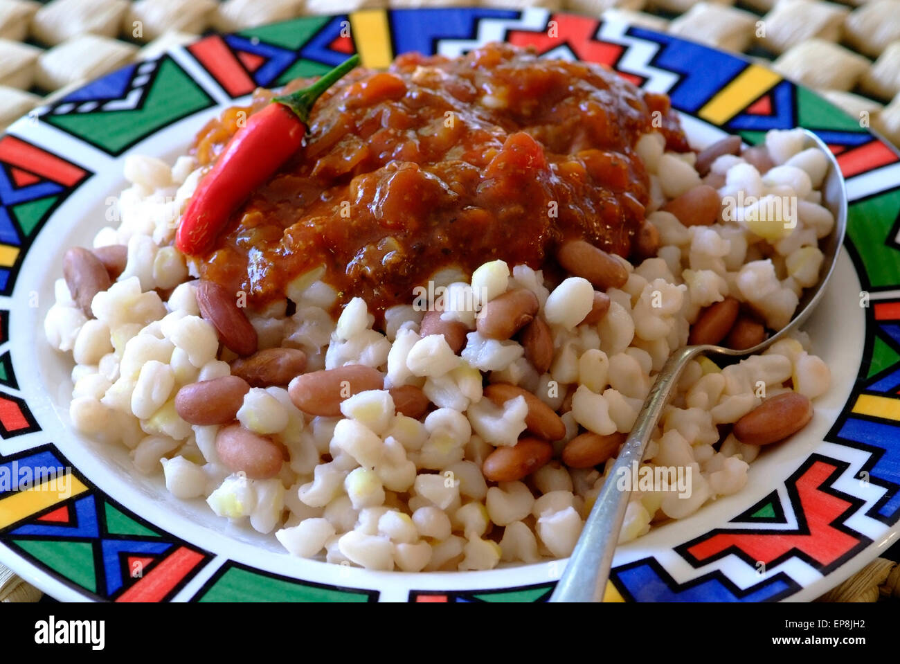 Samp and beans is a standard dish in South Africa often served as a