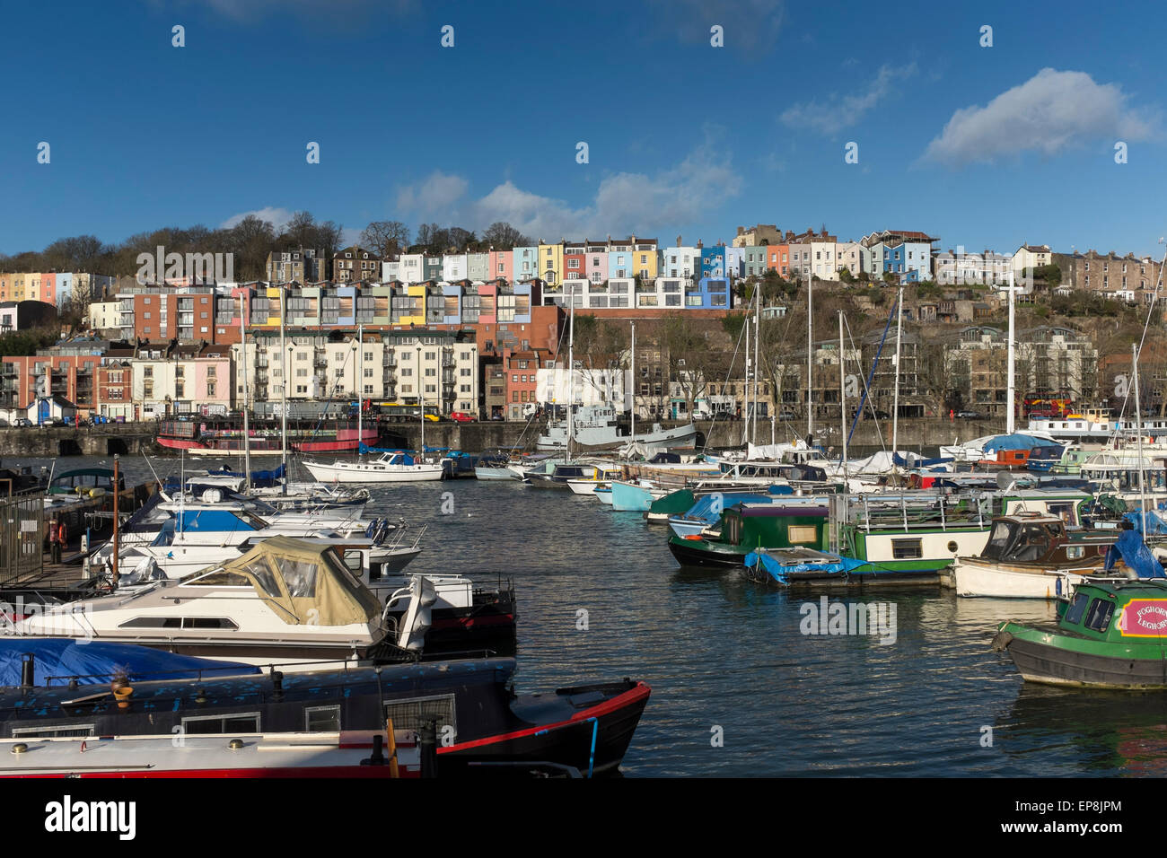 View of colourful terraced houses and Bristol Marina across Floating