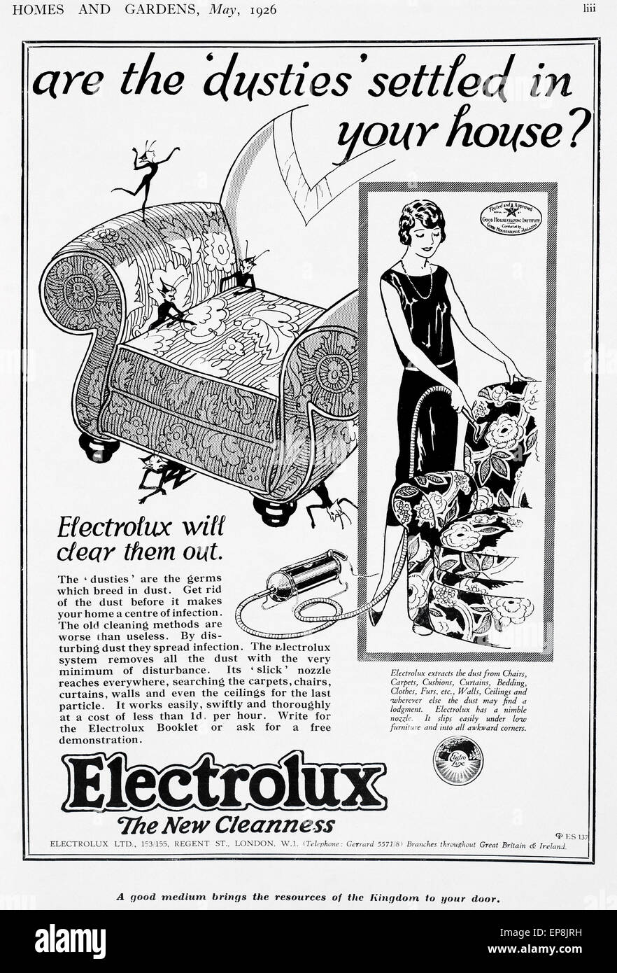 1920 / 1930 advert for “Electrolux” vacuum cleaner from English “Homes & Gardens” magazine. Stock Photo