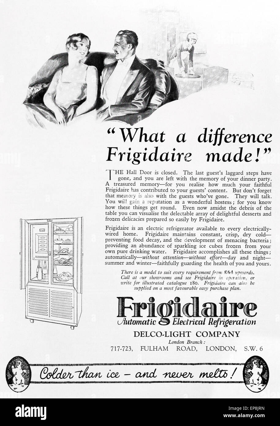 1920 / 1930 advert for “Frigidaire” refrigerator from English “Homes & Gardens” magazine. Stock Photo