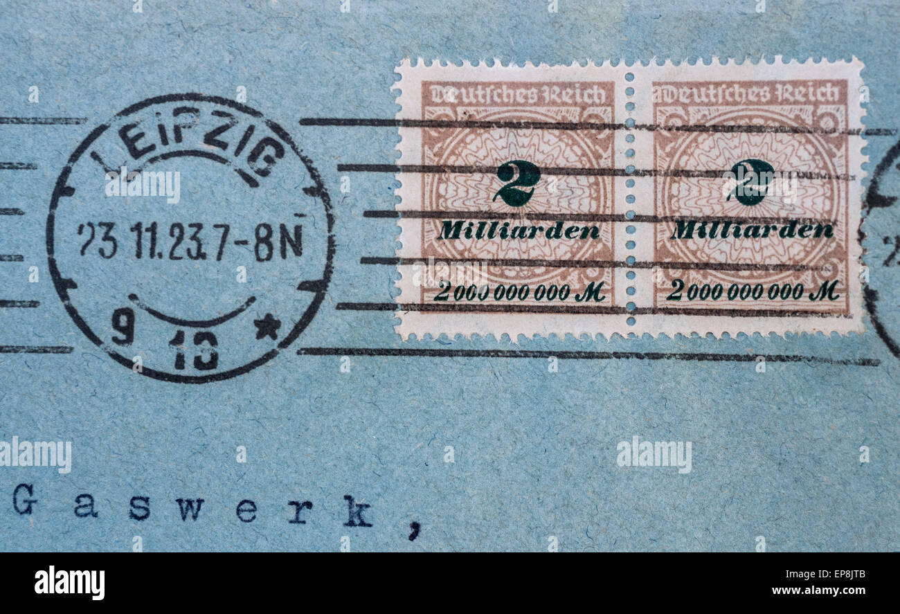 Two 1923 German 2 milliarden / billion marks hyper-inflation stamps - Germany. Stock Photo