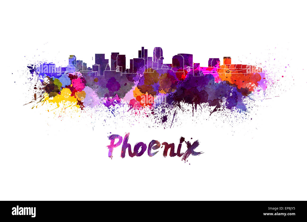 Phoenix skyline in watercolor splatters Stock Photo