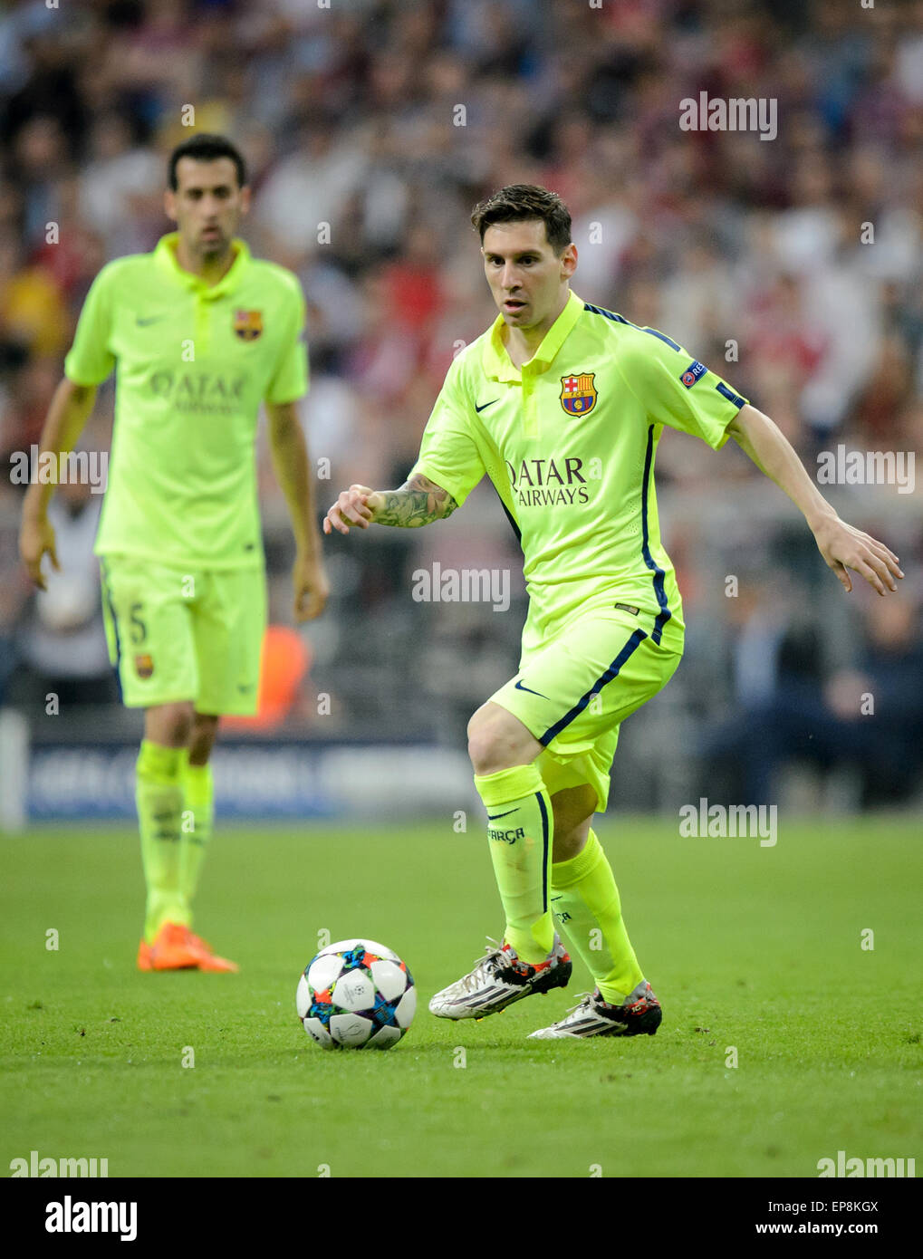 Munich, Germany. 12th May, 2015. Barcelona's Lionel Messi in action during the Champions League semi final match between FC Bayern Munich and FC Barcelona at Allianz Arena in Munich, Germany, 12 May 2015. Photo: Thomas Eisenhuth/dpa - NO WIRE SERVICE -/dpa/Alamy Live News Stock Photo