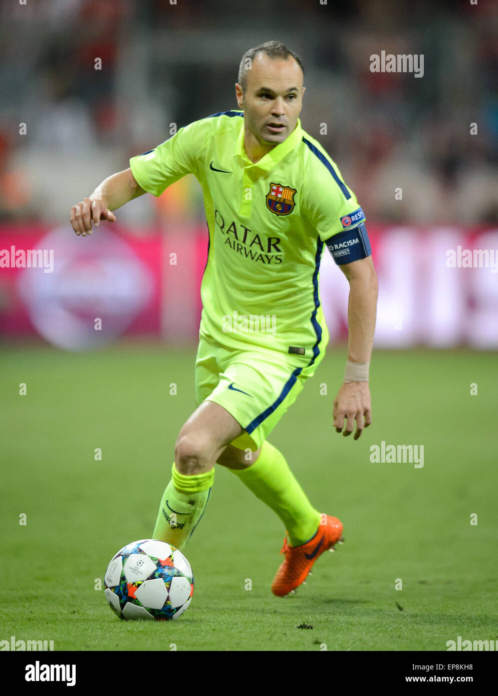 Barcelona's Andres Iniesta in action during the Champions League semi final match between FC Bayern Munich and FC Barcelona at Allianz Arena in Munich, Germany, 12 May 2015. Photo: Thomas Eisenhuth/dpa - NO WIRE SERVICE - Stock Photo