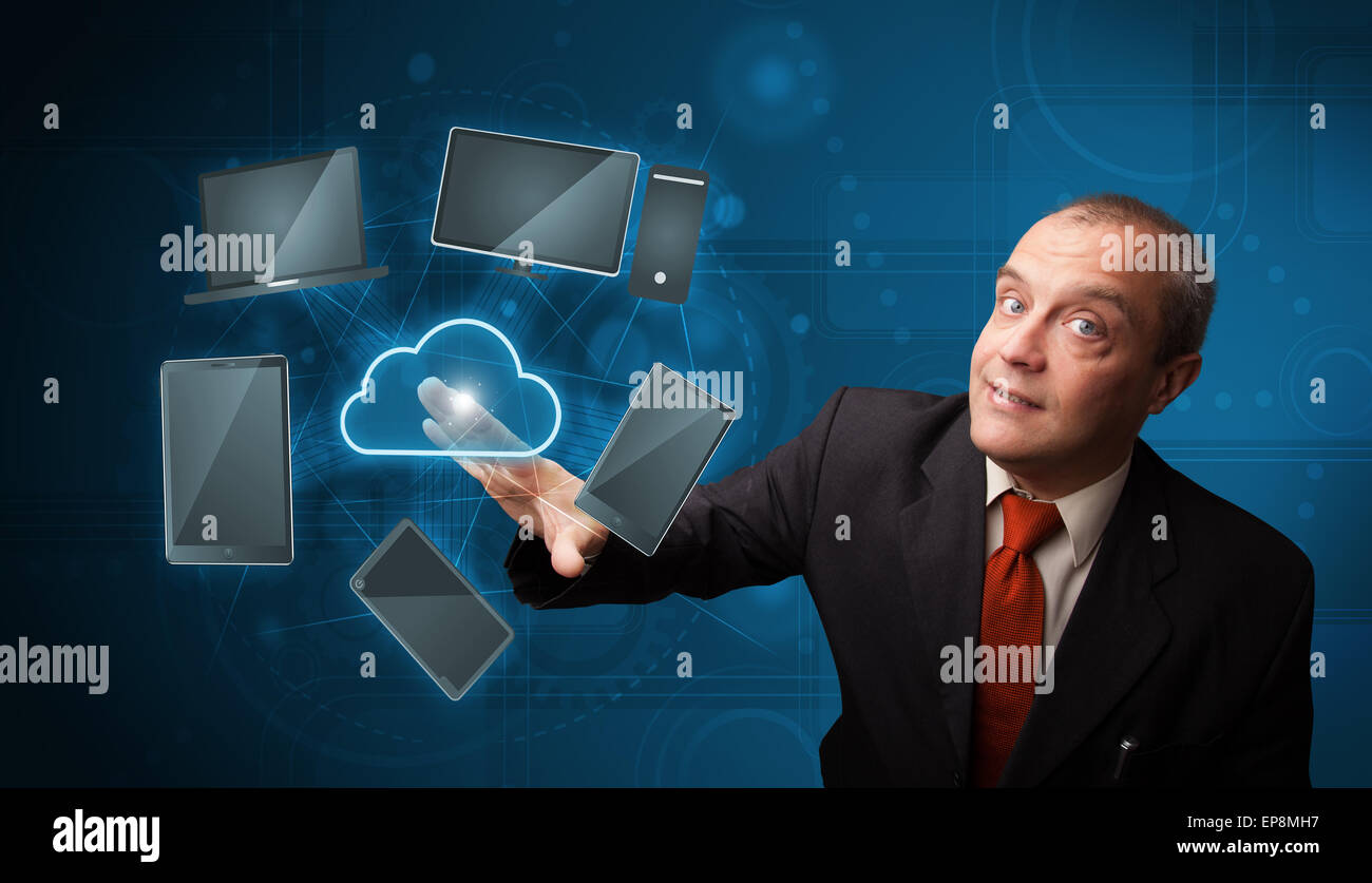 Businessman touching high technology cloud service Stock Photo - Alamy