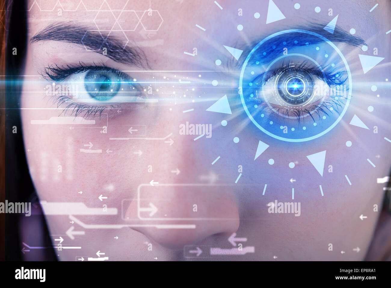 Cyber girl with technolgy eye looking into blue iris Stock Photo - Alamy