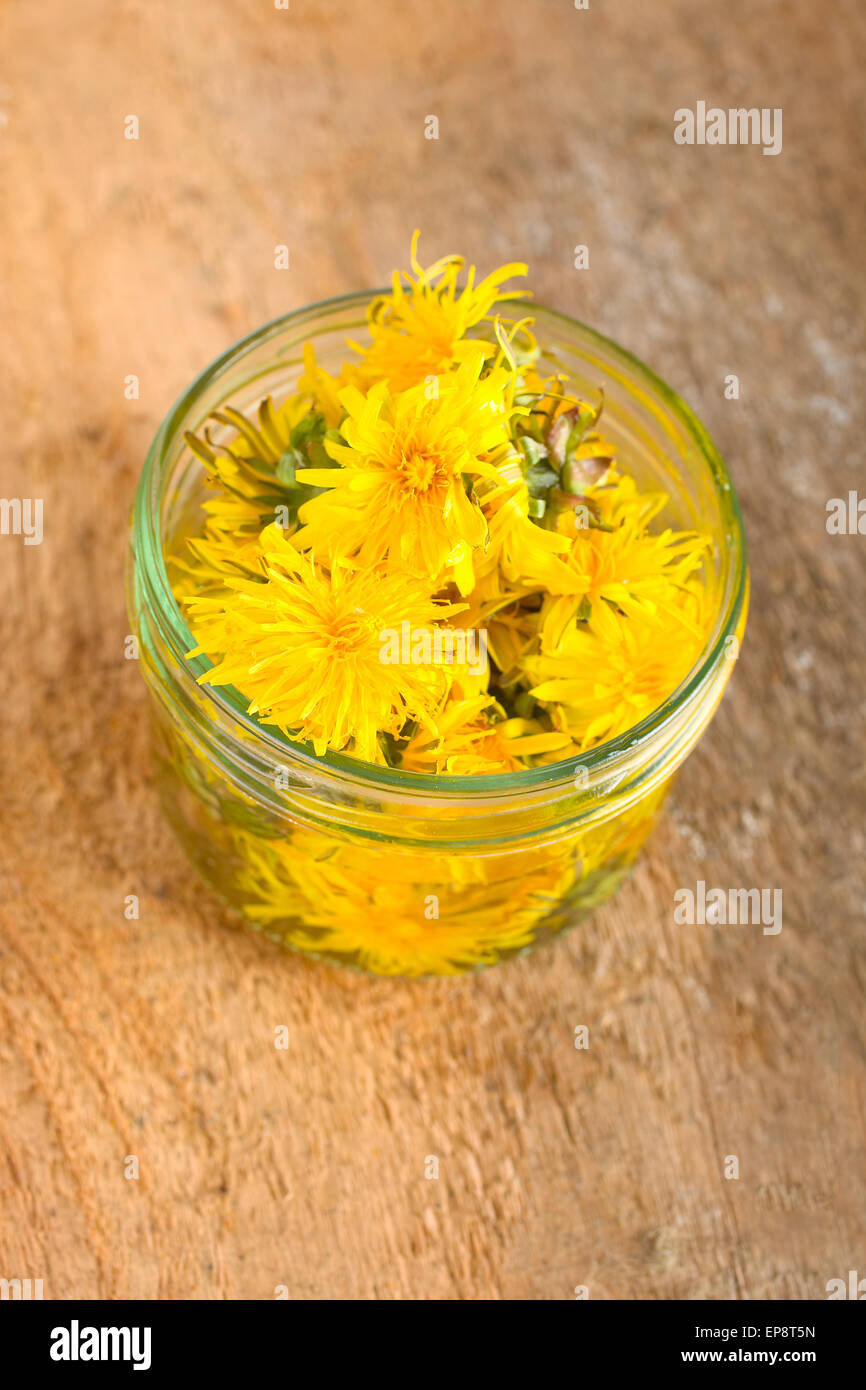 Dandelion flowers in a glass jar Stock Photo - Alamy