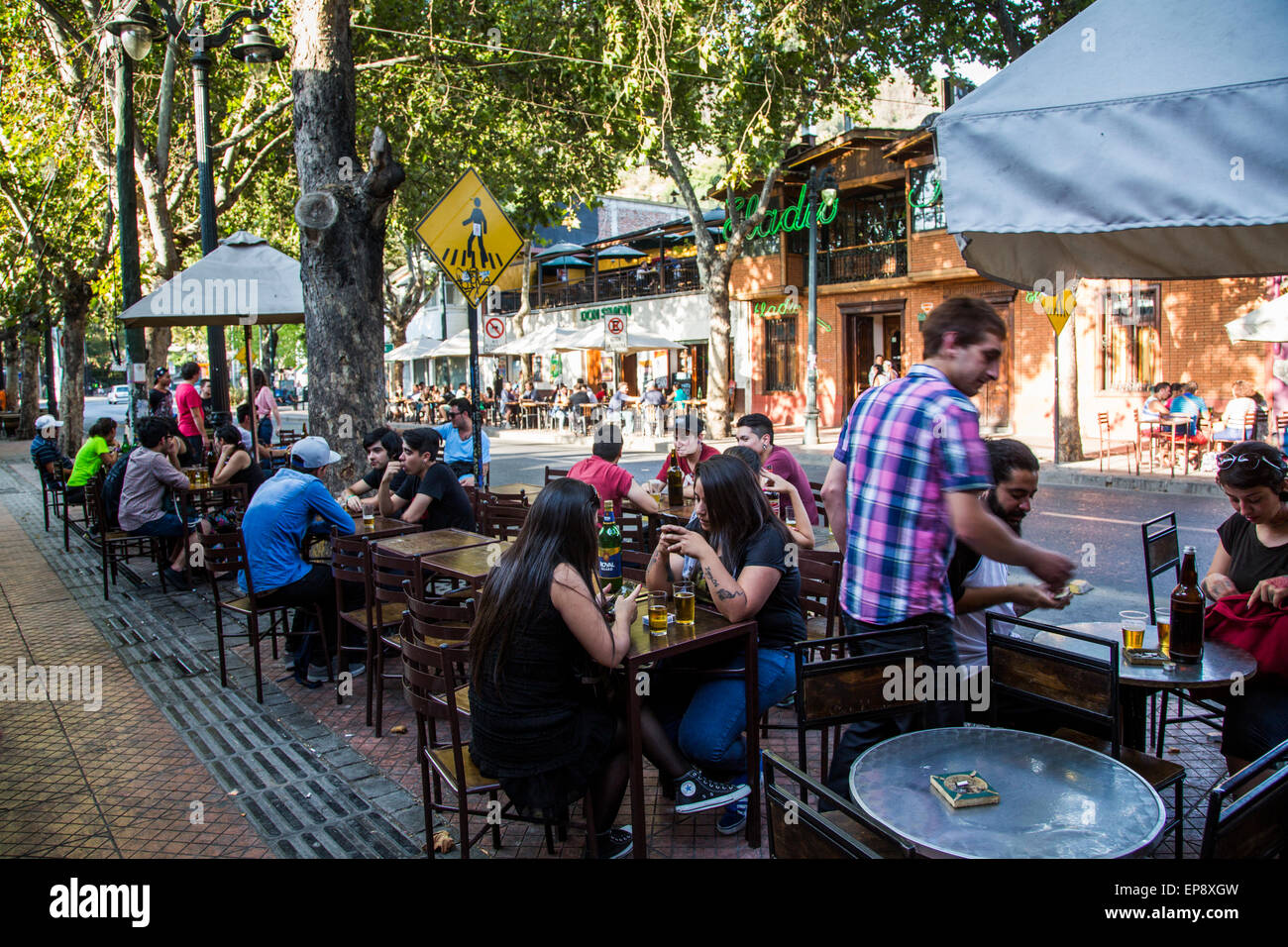 outdoor cafes, Pio Nono avenue, Barrio Bellavista, Santiago, Chile Stock Photo