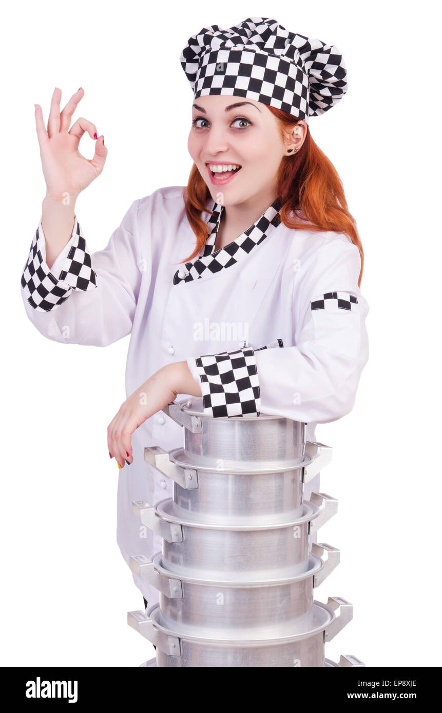 Cook with stack of pots on white Stock Photo - Alamy