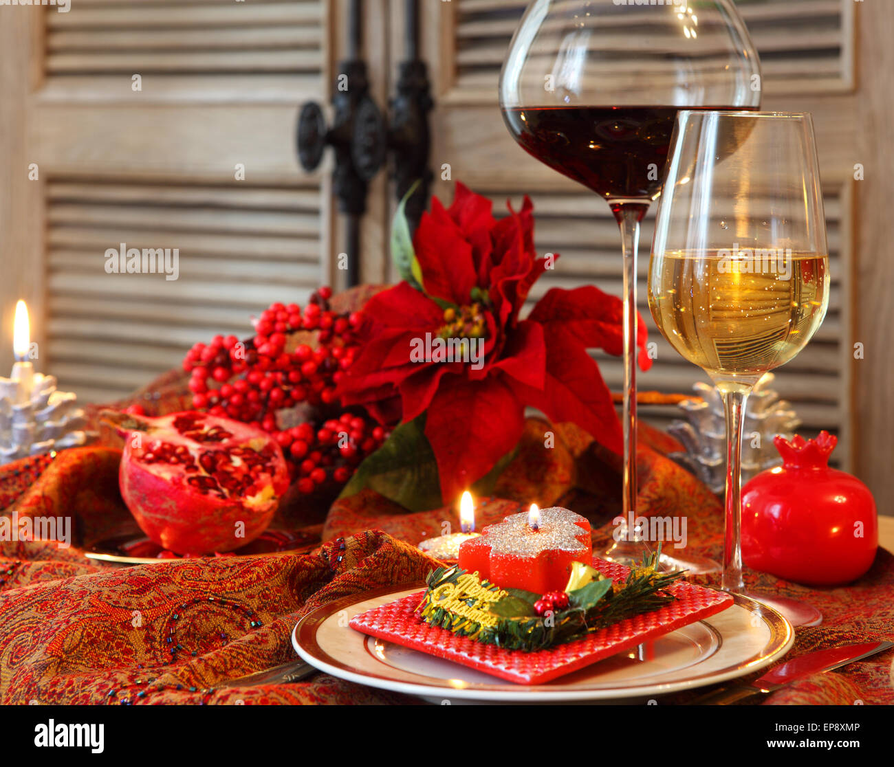 Christmas still life with white and red wine Stock Photo - Alamy
